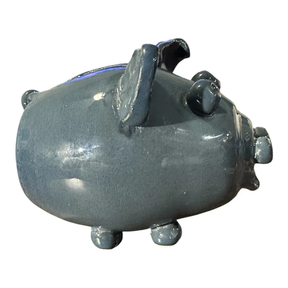 Handmade Studio Pottery Blue/Gray Ceramic Pig Piggy Bank Cork Stopper Folk Art